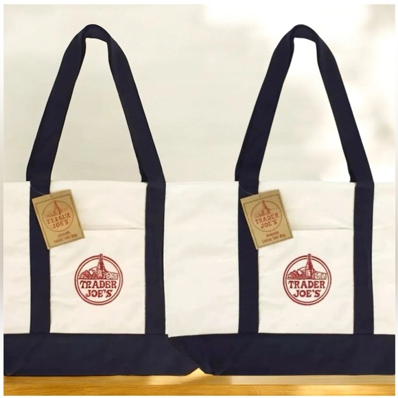 Lot of 2 Trader Joe’s Canvas Tote Bag Navy Red Grocery Shopping Eco Reusable NWT - Picture 1 of 10